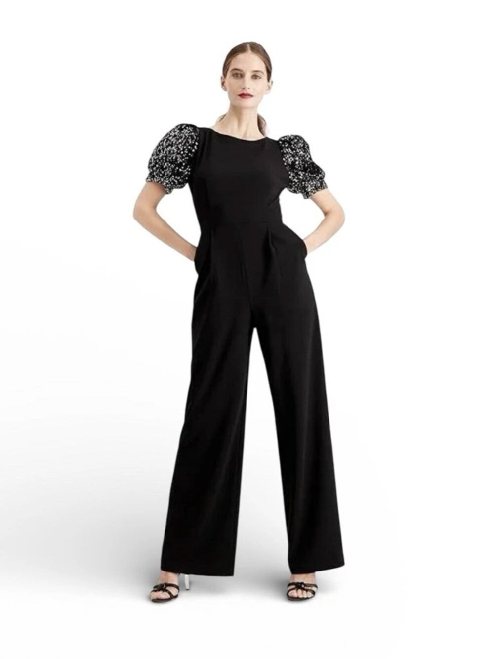 Calvin Klein Sequined Puff-Sleeve Black Jumpsuit — NWT
